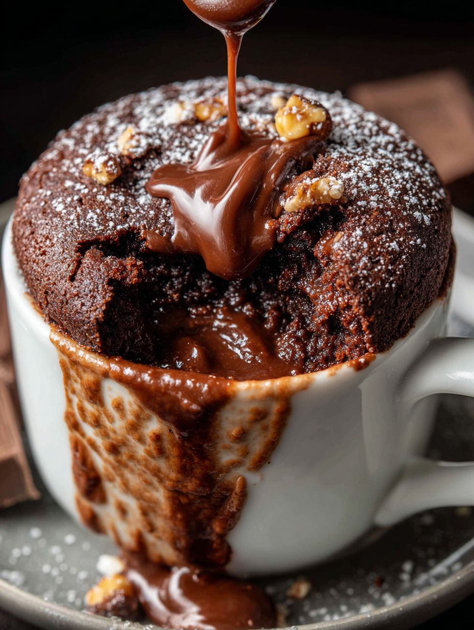 Une tasse de gâteau au chocolat avec Nutella dessus.