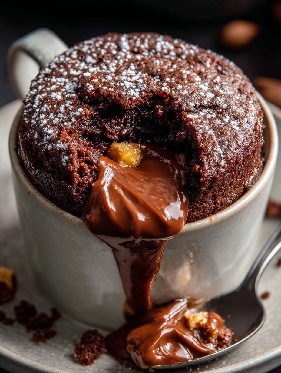 Un mug cake avec une sauce chocolat qui dégouline.