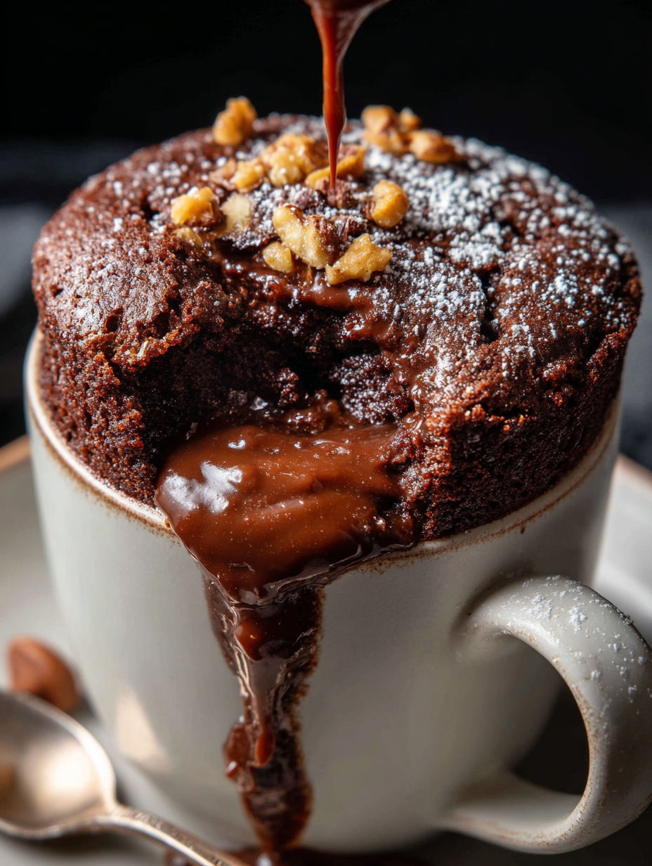 Une tasse de mug cake Nutella avec un filet de sauce chocolat.