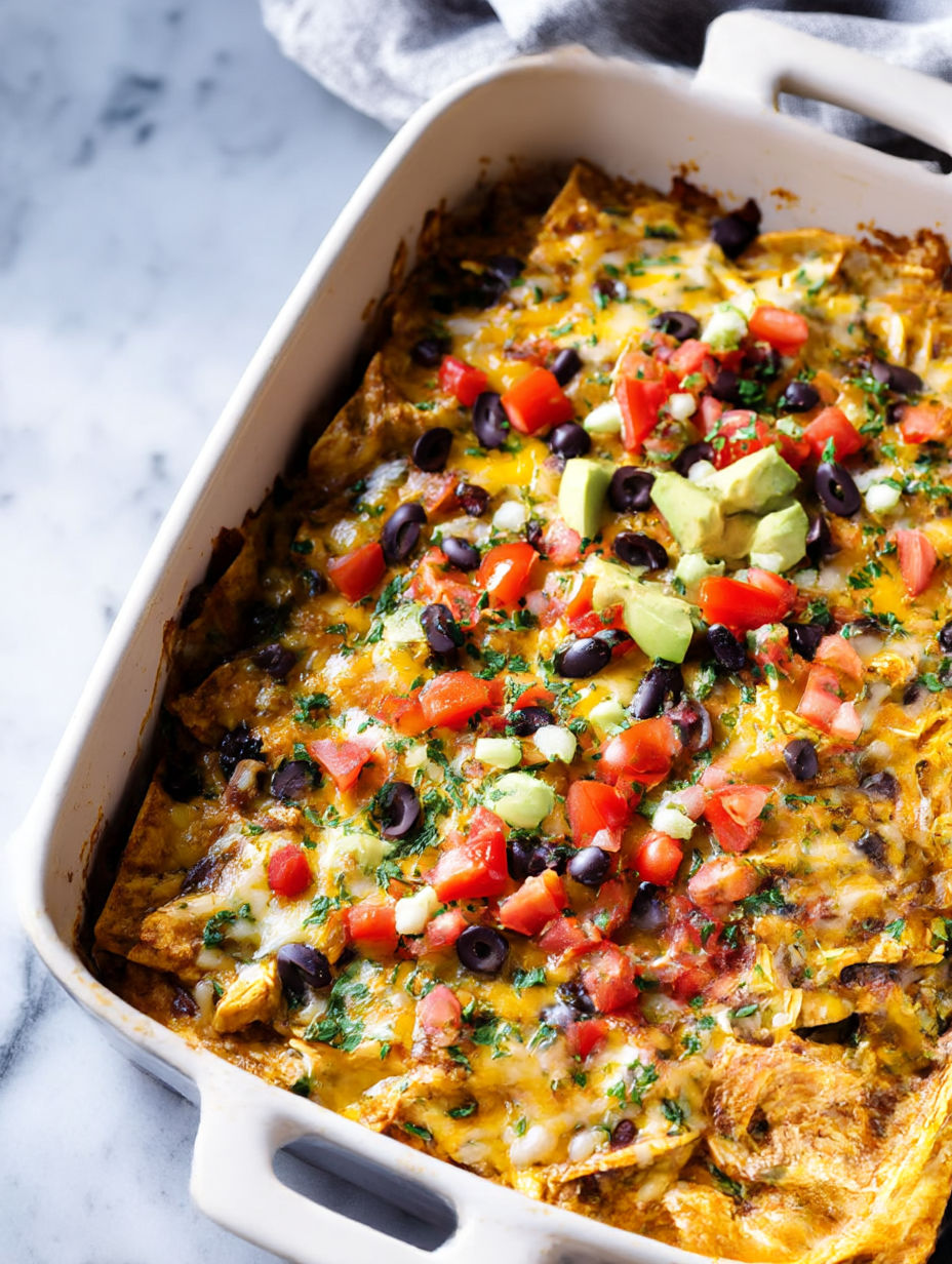 Un plat de casserole d’enchiladas au poulet.