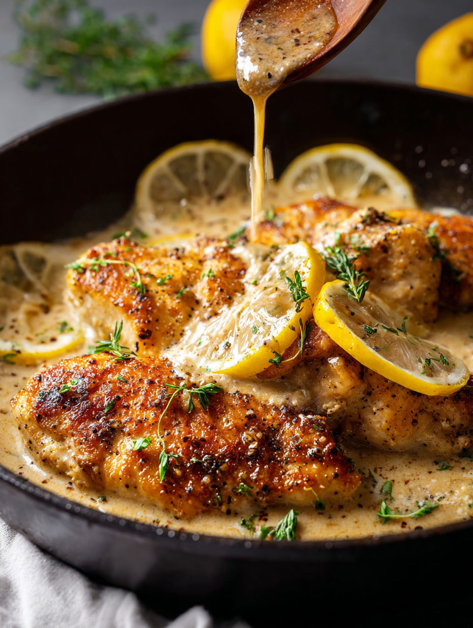 Poulet au citron poivré avec sauce.