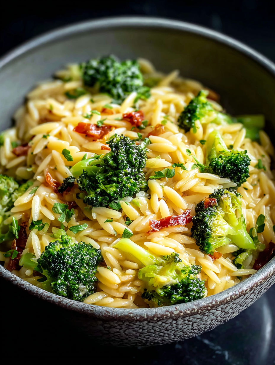 Un bol d'orzo avec brocoli.