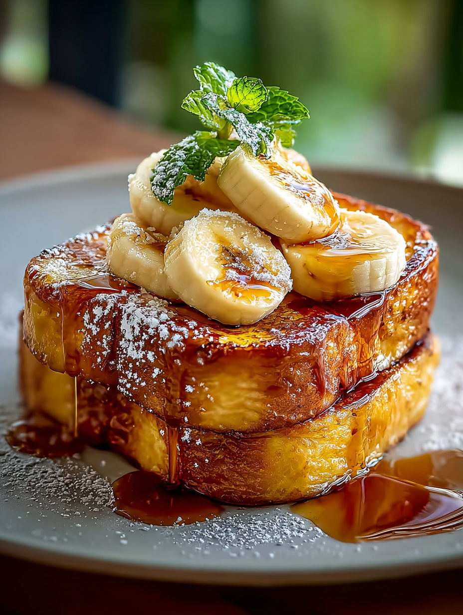 Une pile de pain perdu avec des bananes et du sucre glace.