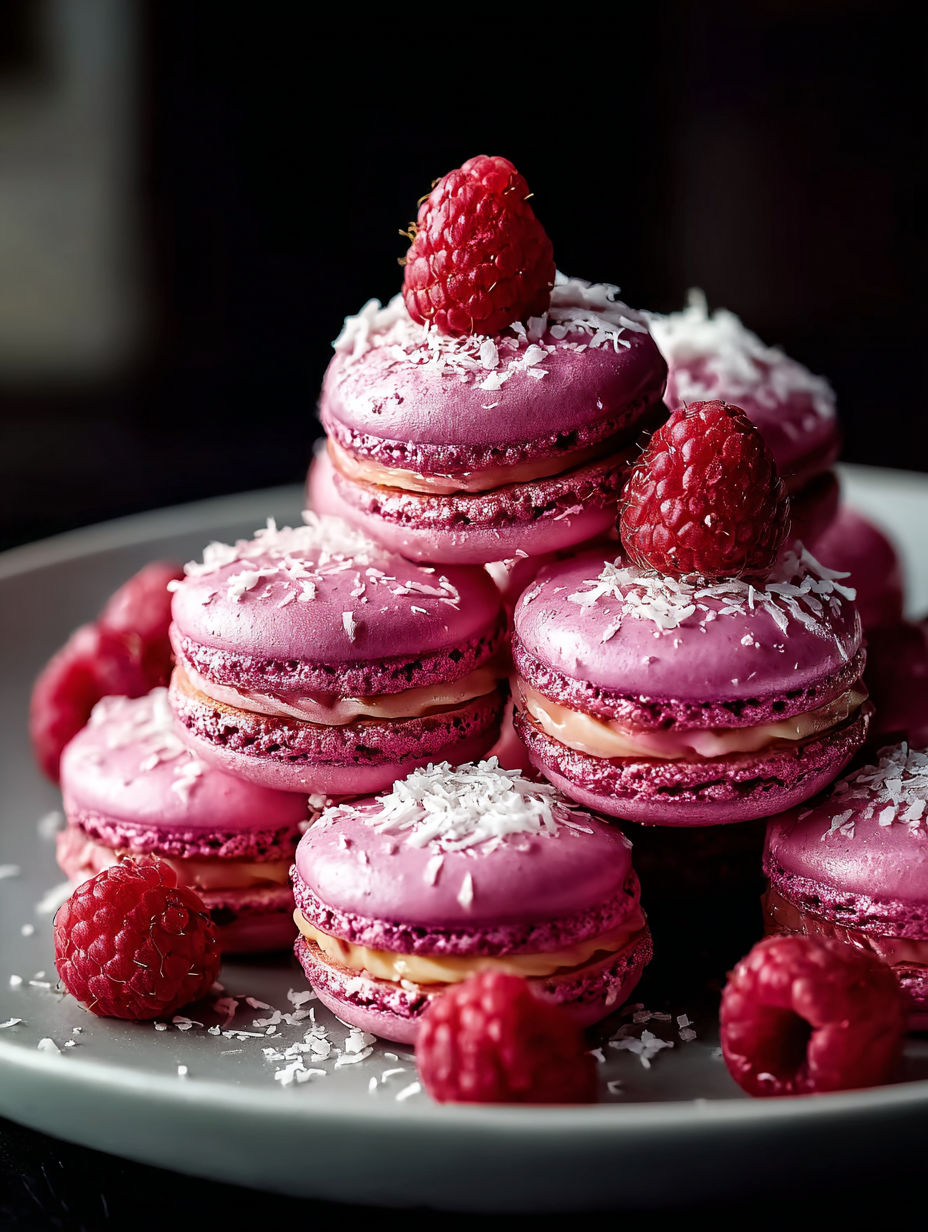 Macarons roses saupoudrés de sucre glace avec des framboises sur le dessus.