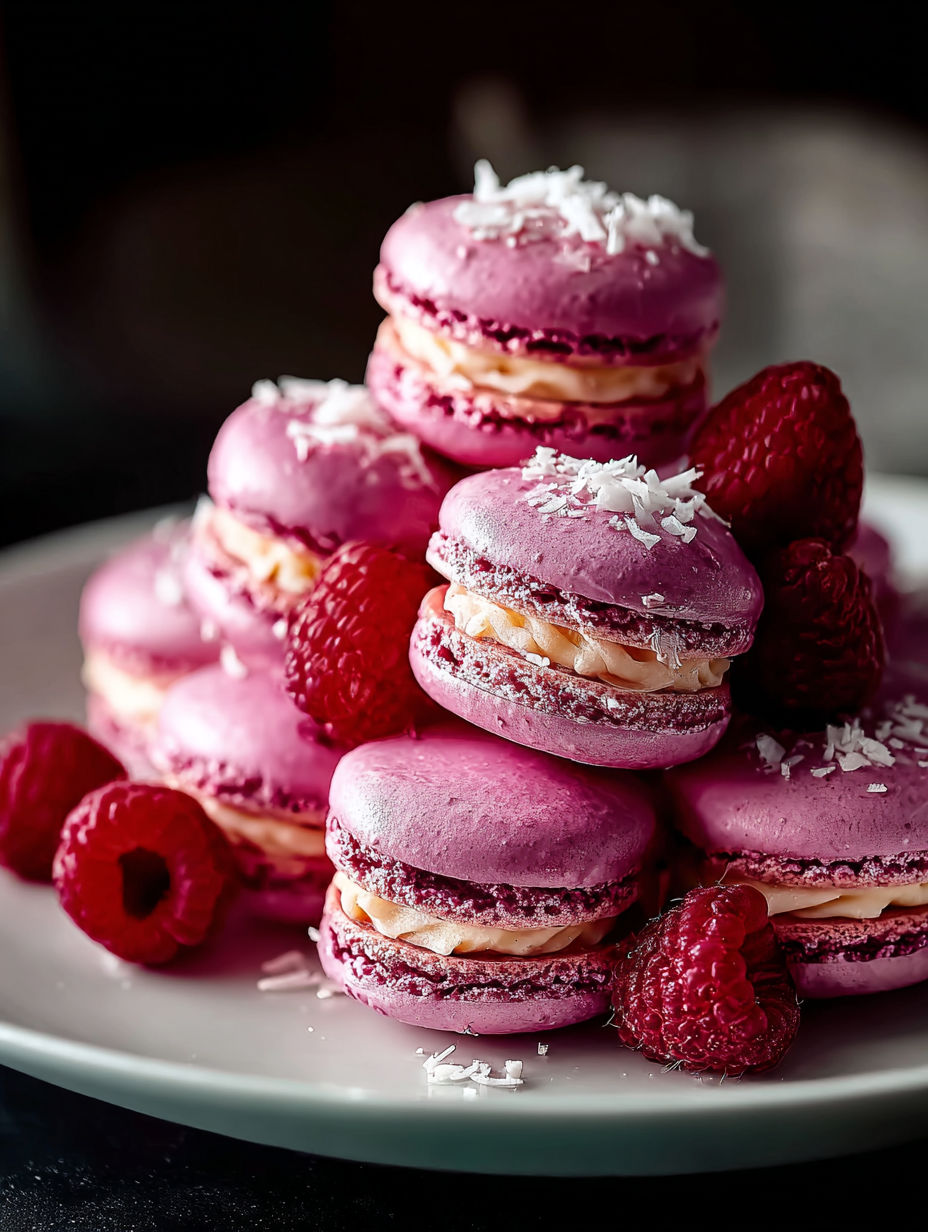 Pile de macarons roses avec noix de coco râpée blanche sur le dessus.