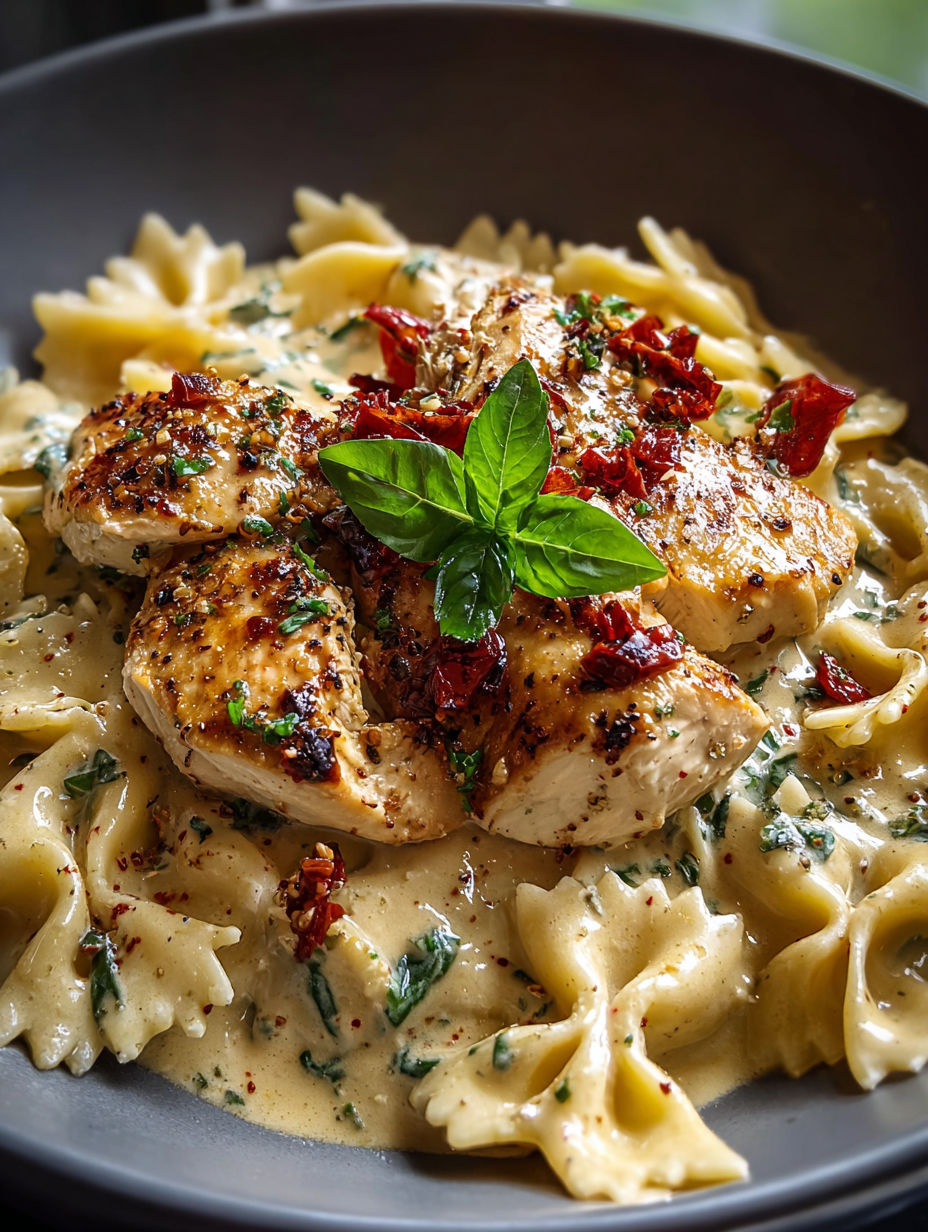 Une assiette de poulet et pâtes.