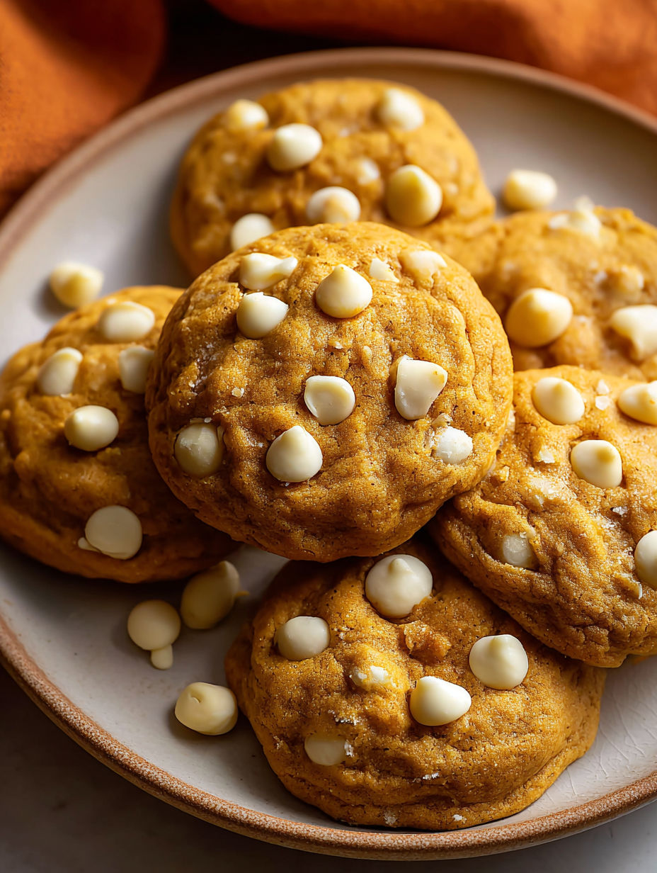 Un plat de biscuits à la citrouille avec des pépites de chocolat blanc.