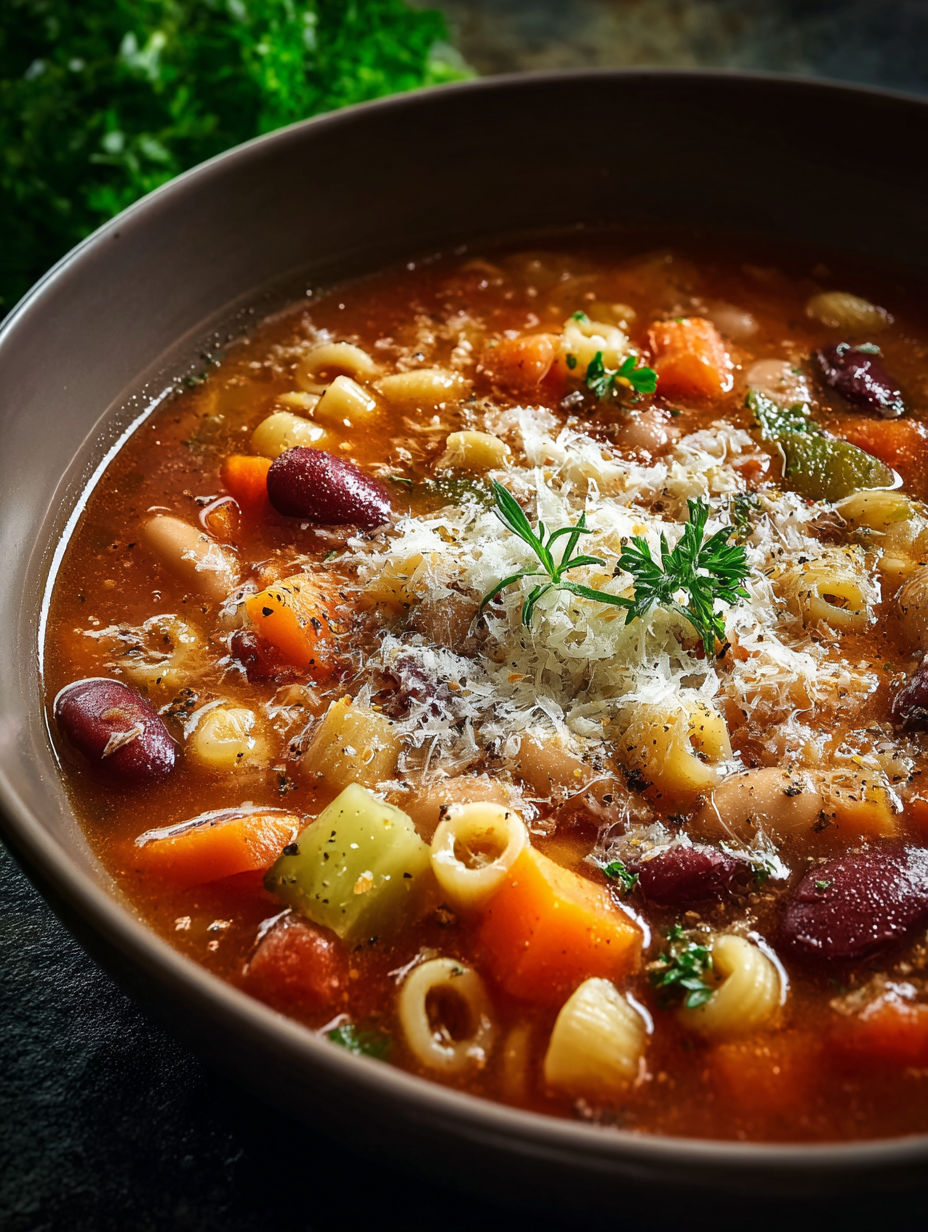 Un bol de Pasta Fagioli italienne.