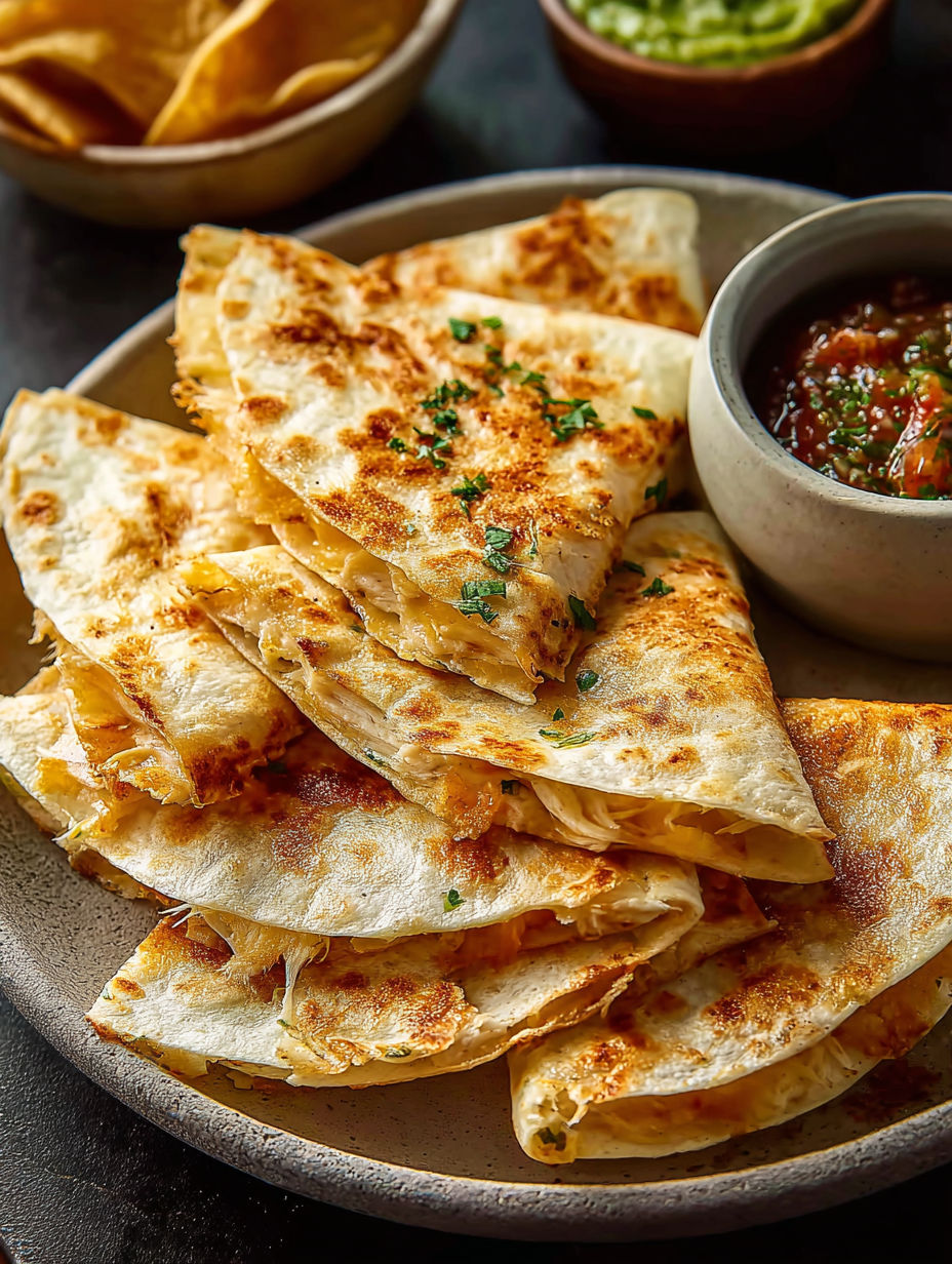 Petites quesadillas au poulet sur une assiette.