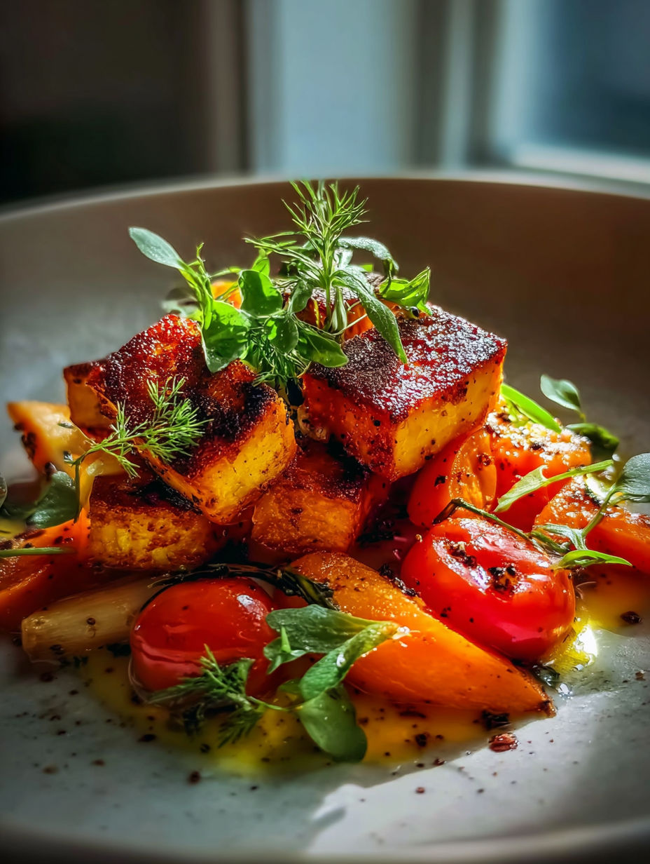 Une assiette avec divers légumes et herbes fraîches.