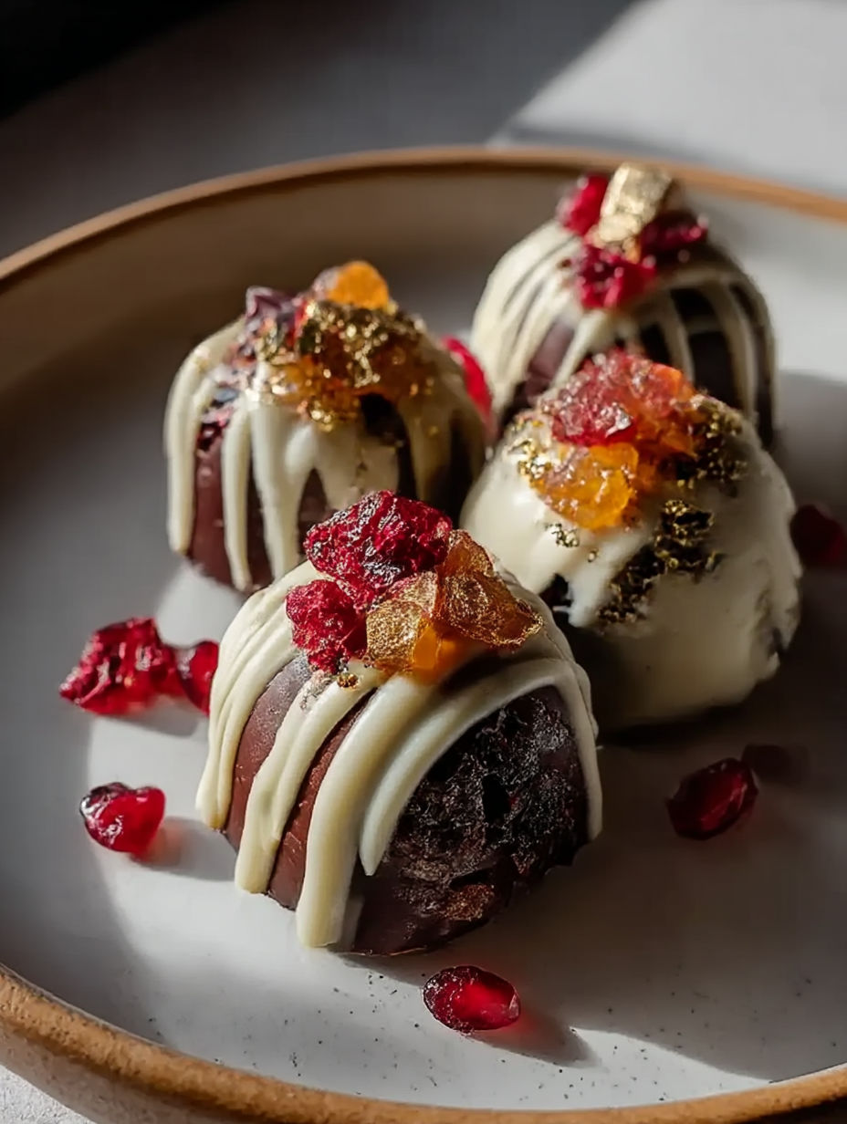 Trois douceurs au chocolat avec éclats dorés et baies rouges.