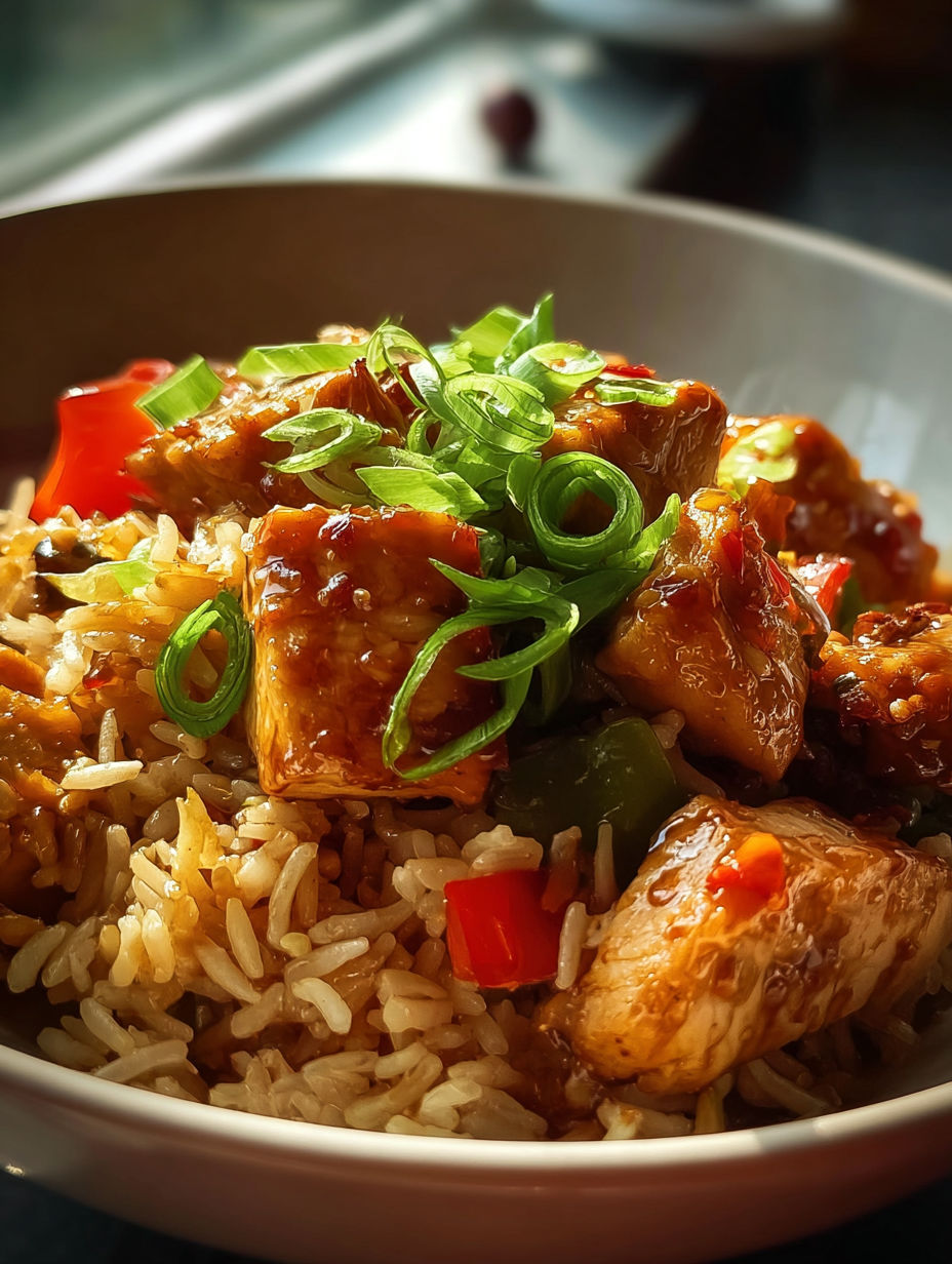 Un bol de riz sauté au poulet chinois.
