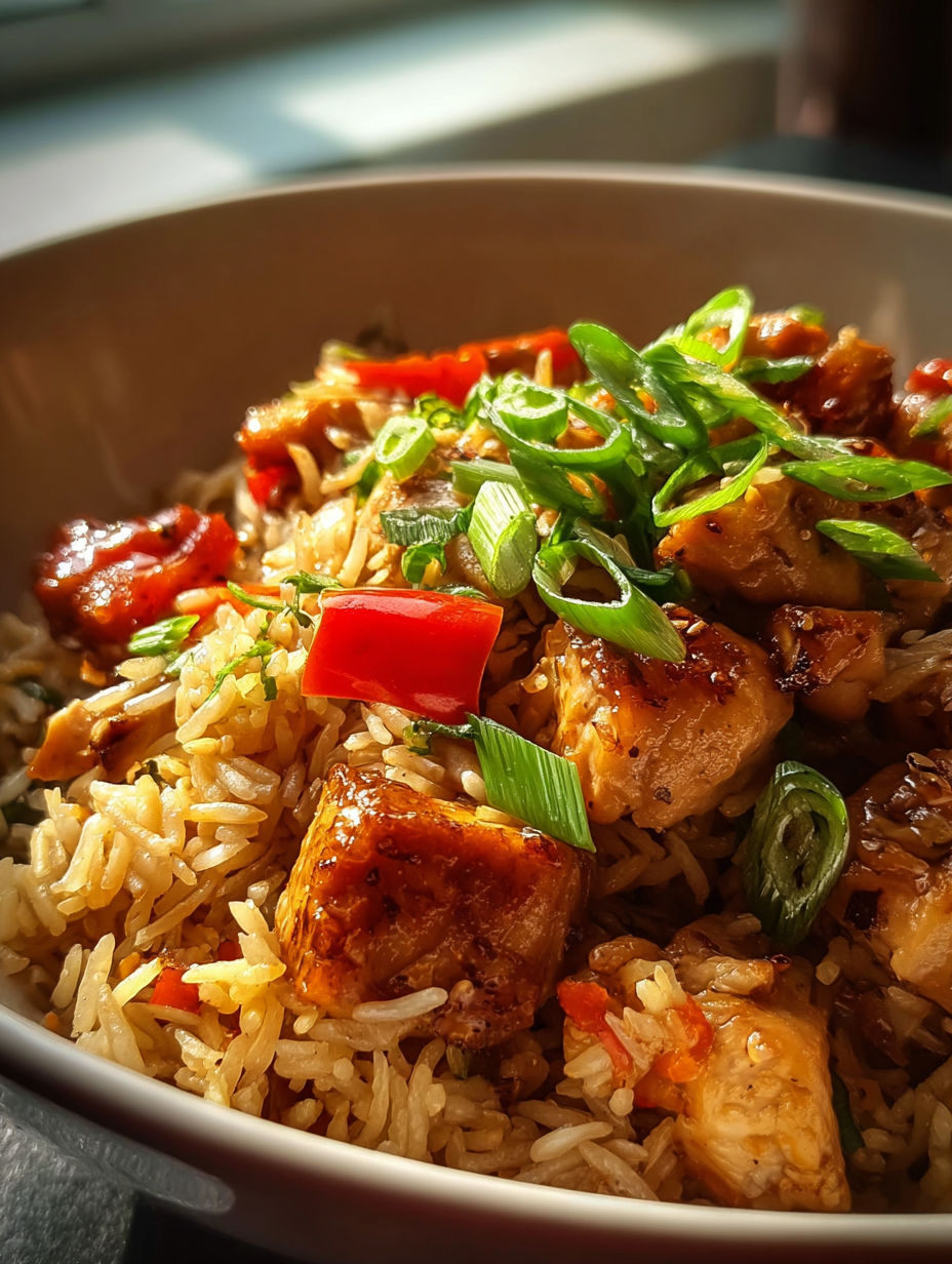 Un bol de riz sauté au poulet chinois.