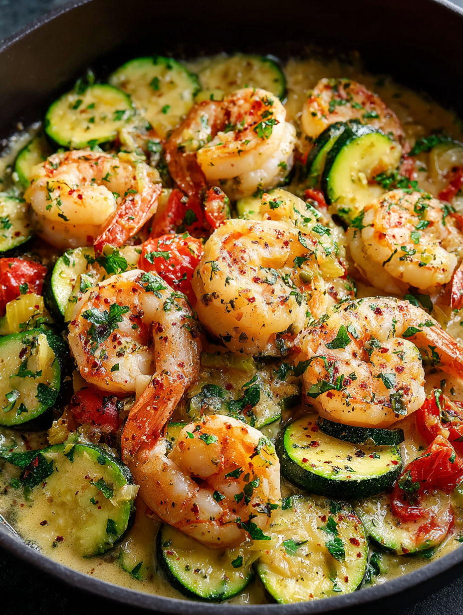 Poêle de crevettes et courgettes