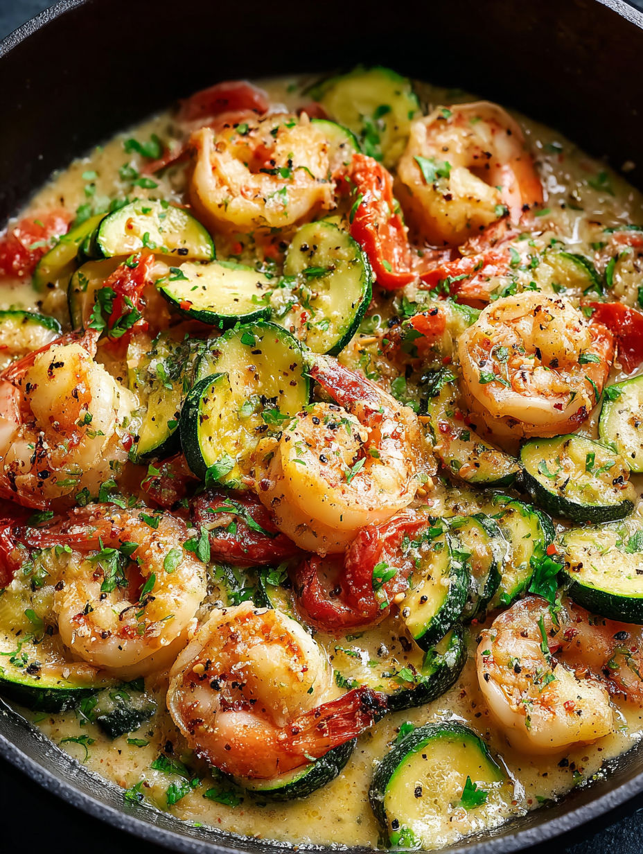 Poêle pleine de crevettes et courgettes