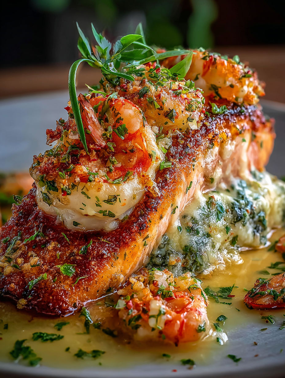 Gros plan sur un poisson cuit avec crabe et crevettes dessus.