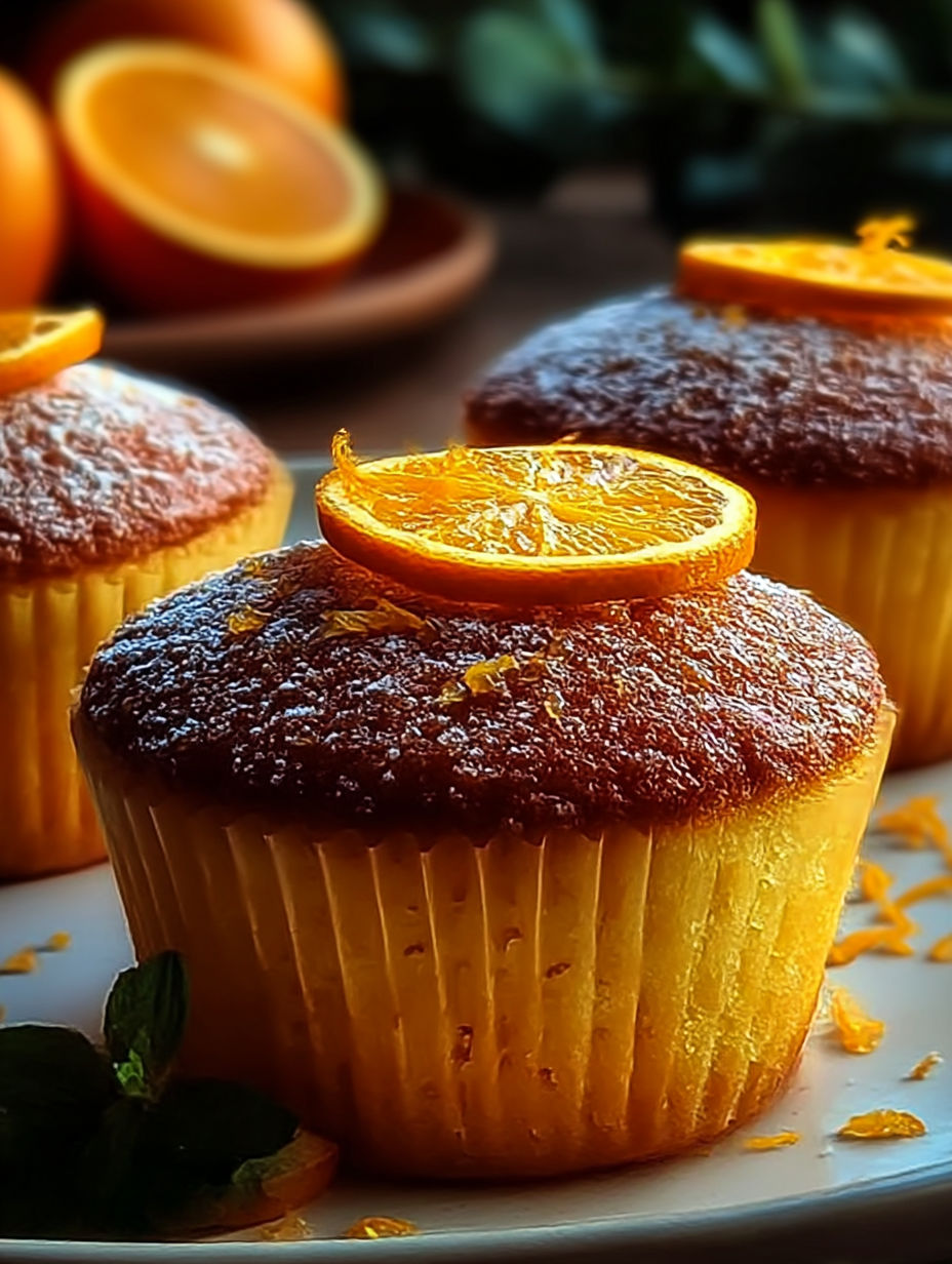 Gâteaux miel gingembre orange avec tranches d’orange dessus.