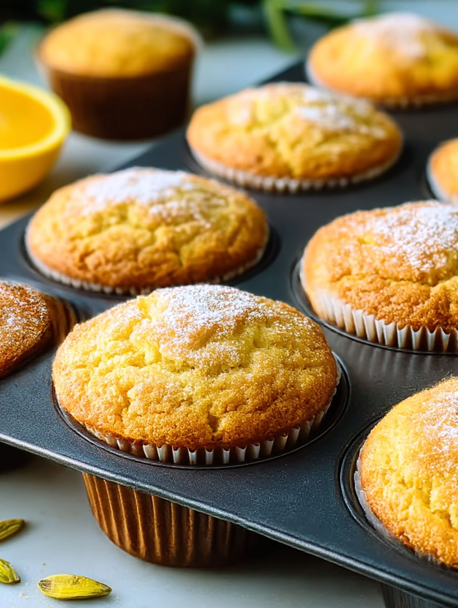 Une plaque de muffins saupoudrés de sucre glace.