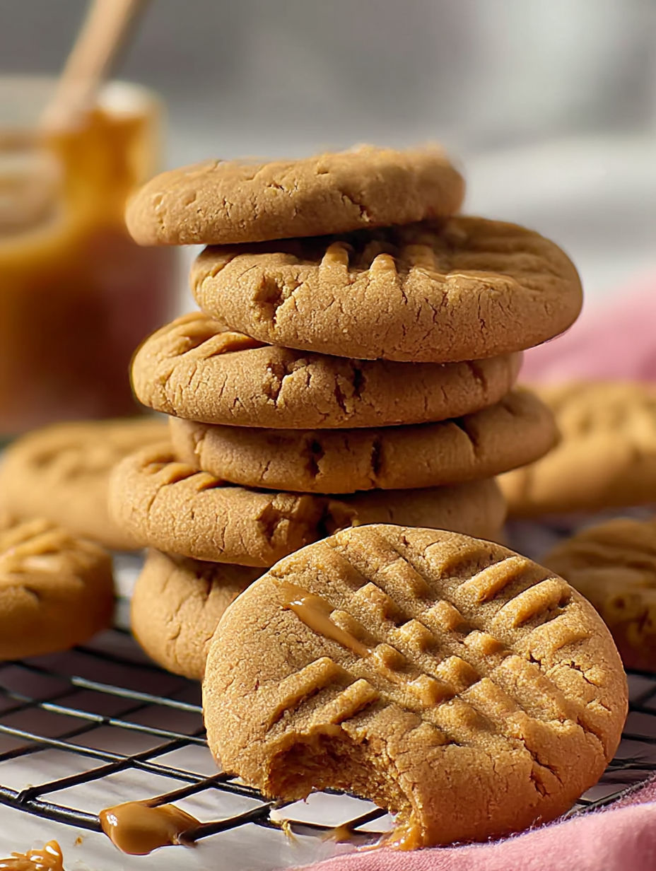 Biscuits au beurre de cacahuète empilés sur une grille.
