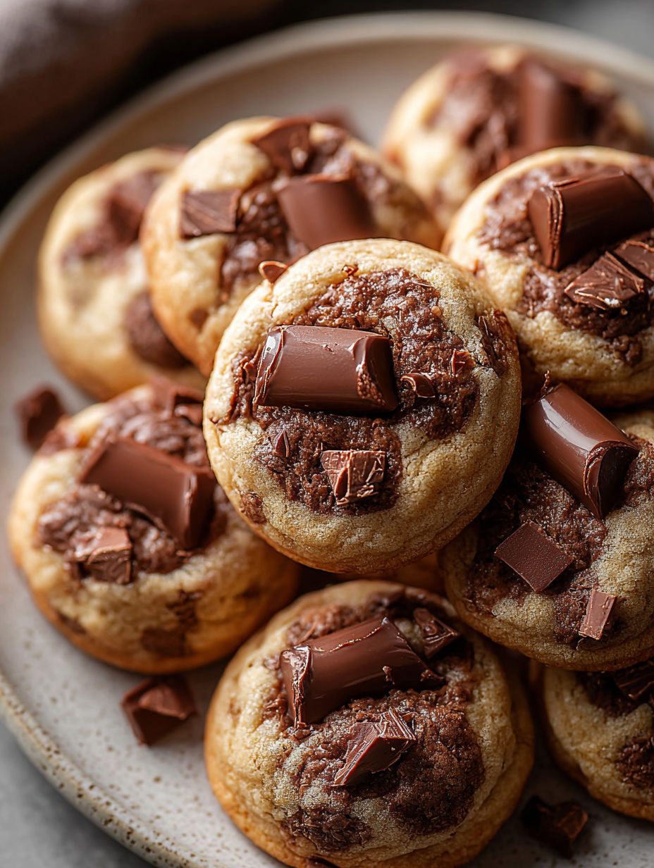 Une assiette de biscuits aux pépites de chocolat avec du chocolat fondant dessus.