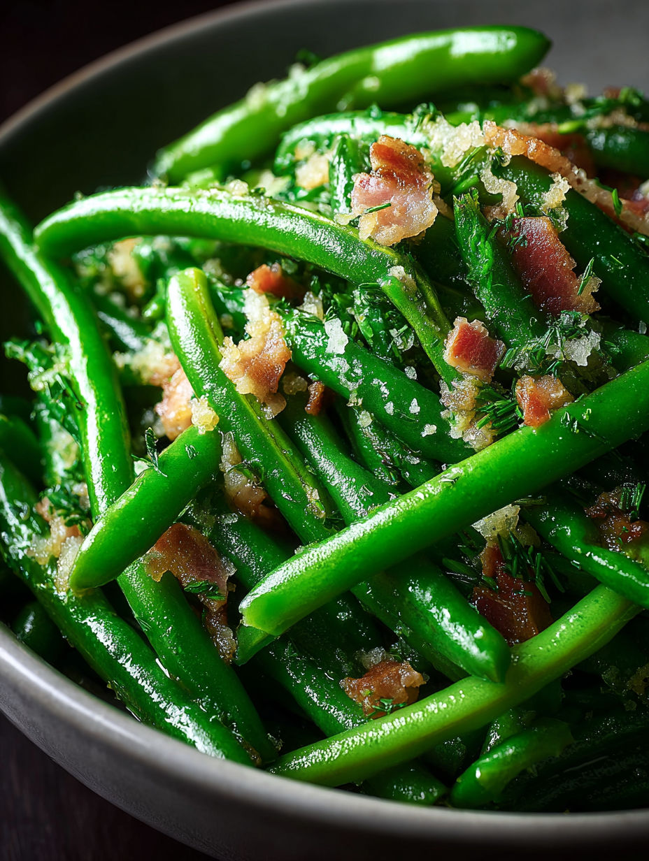 Haricots verts avec bacon et fromage.