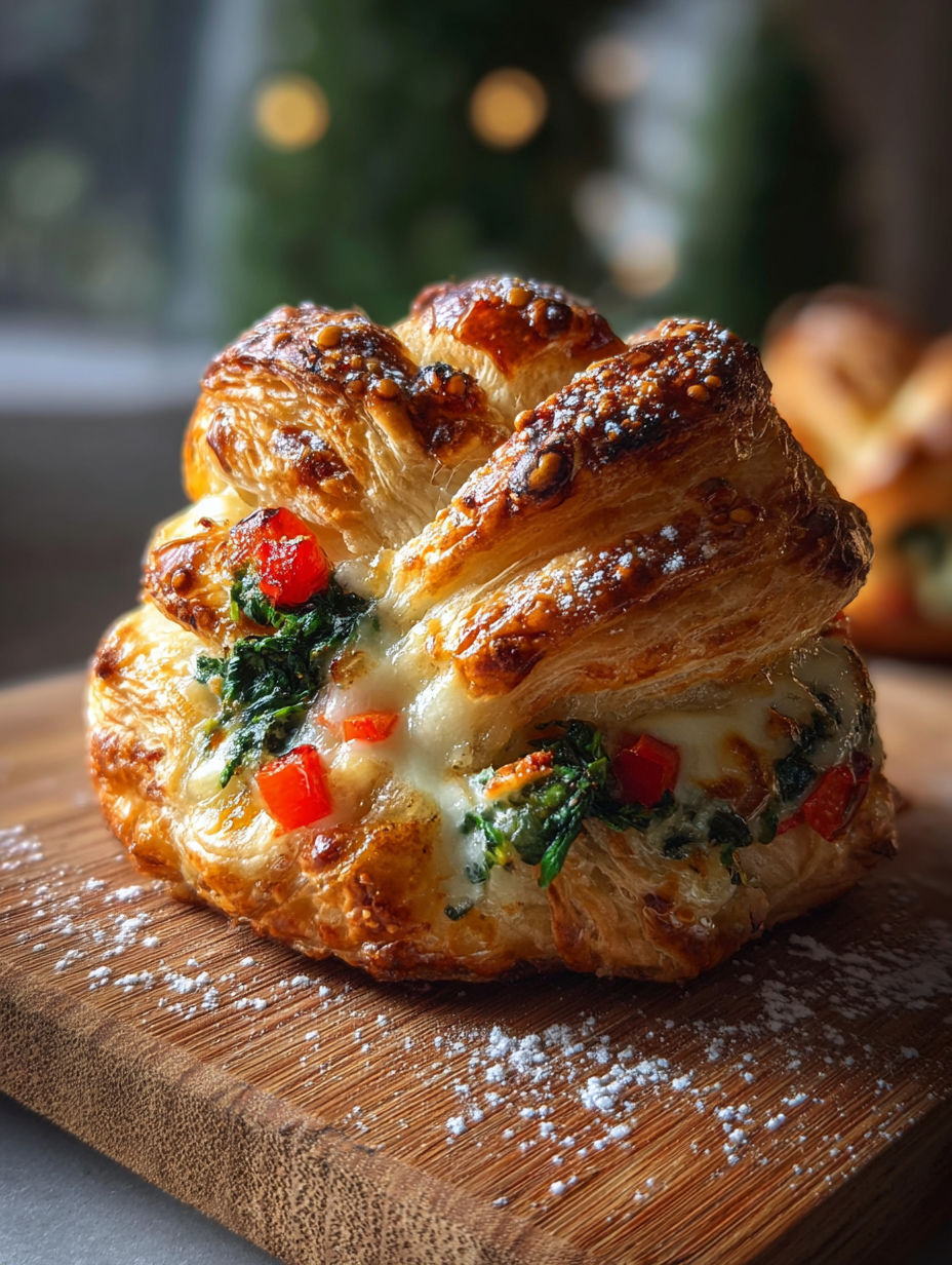 Un feuilleté avec un dessus vert posé sur une table.