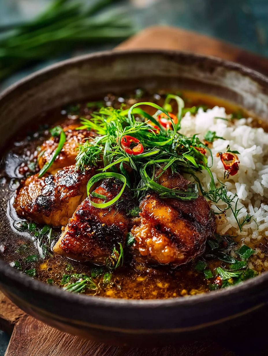 Un bol de nourriture avec poulet et riz.