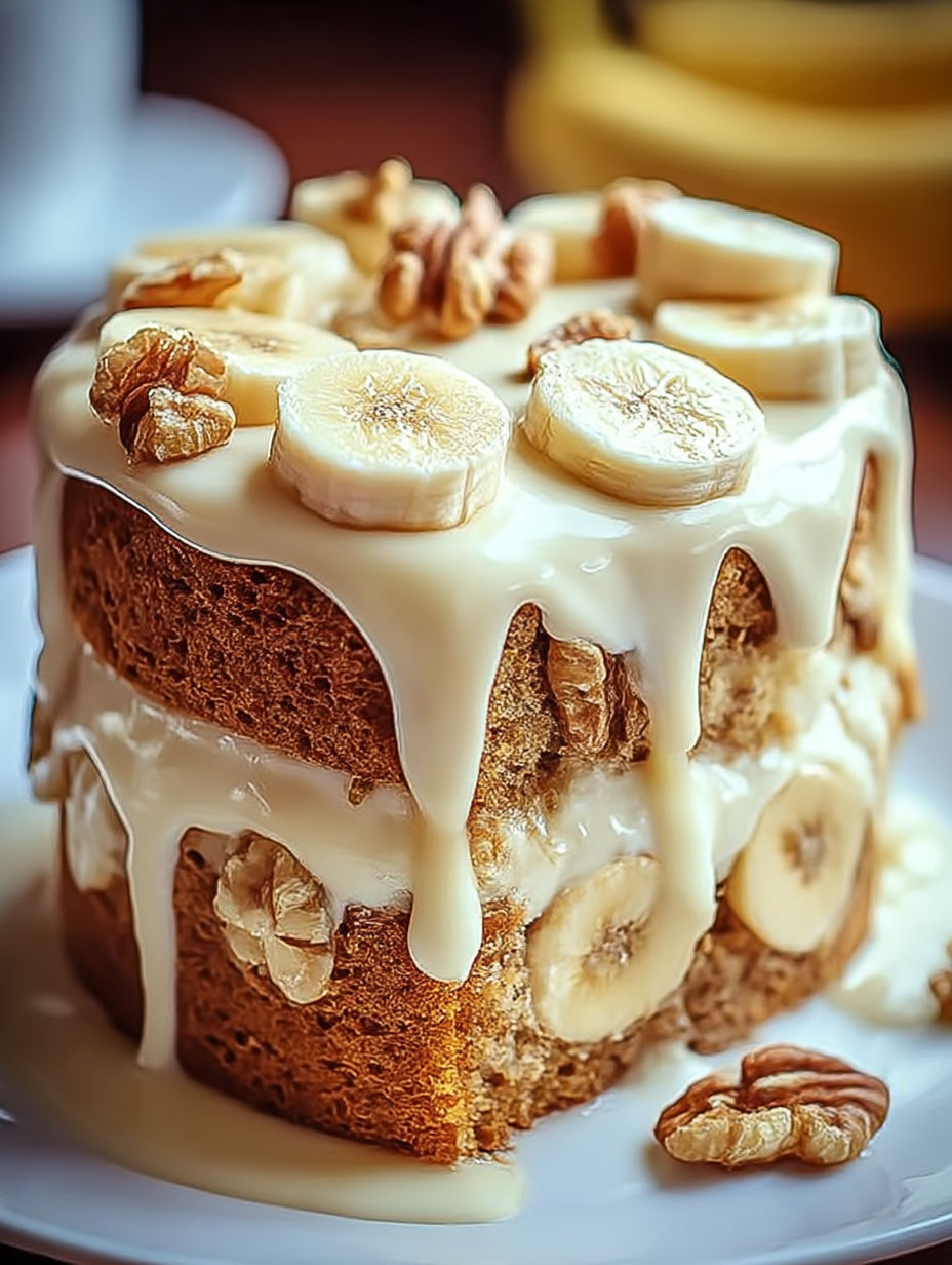 Une part de gâteau à la banane avec noix et crème.