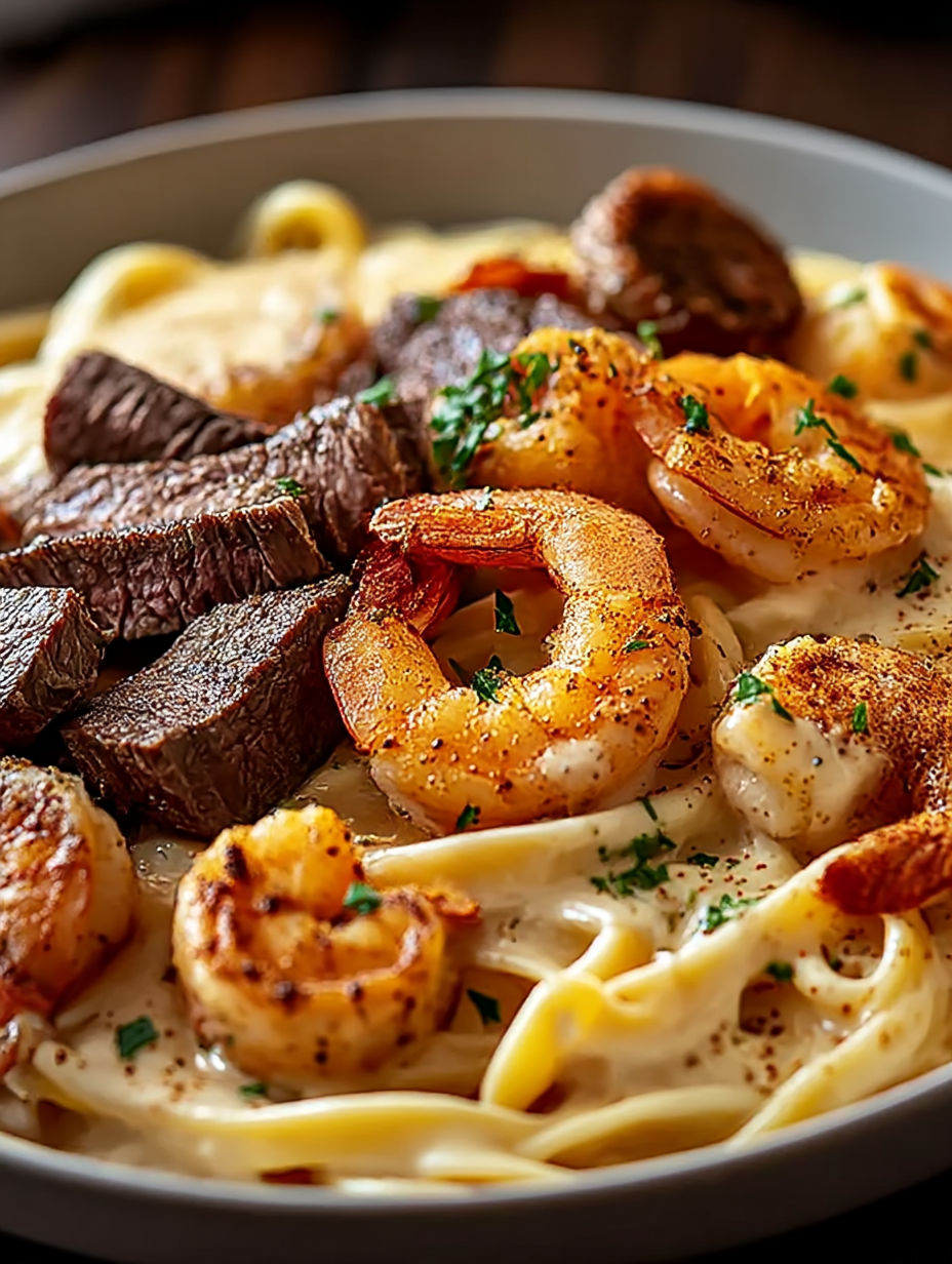 Une assiette de pâtes Alfredo aux crevettes et steak cajun.