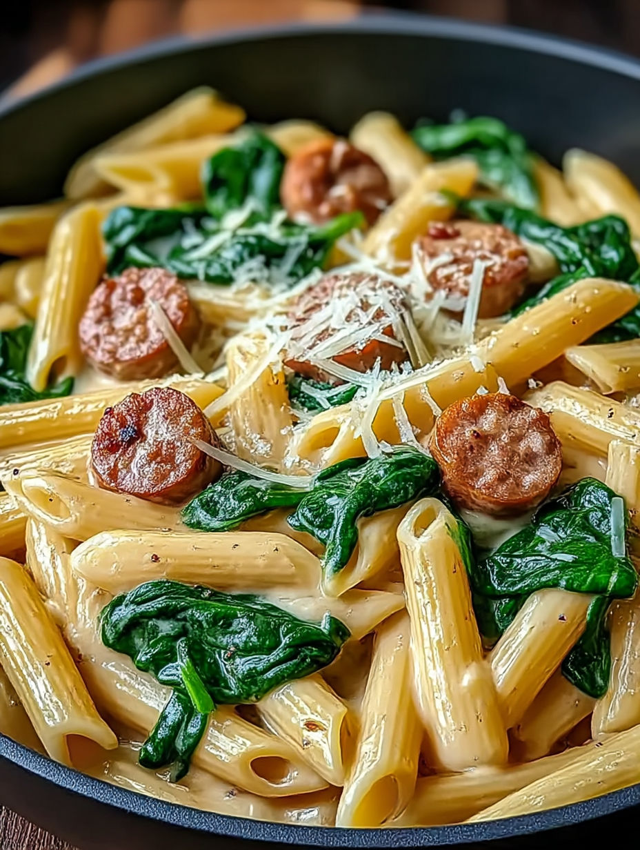 Un plat savoureux de penne crémeux avec épinards et saucisse italienne.