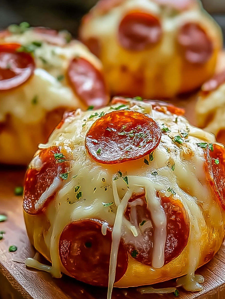 Petites bombes à pizza au pepperoni et fromage sur une table en bois.