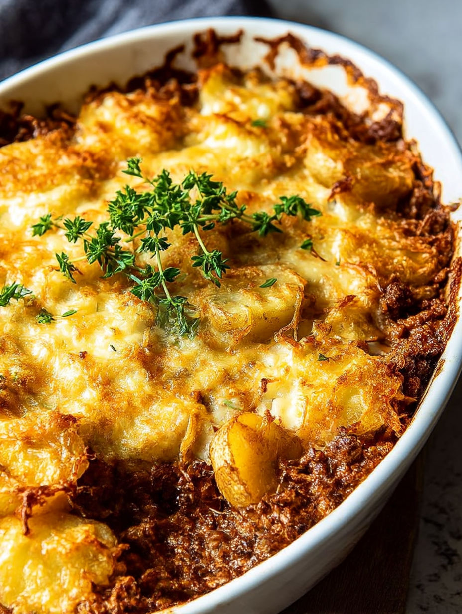 Un bol de gratin rustique avec une herbe verte dessus.