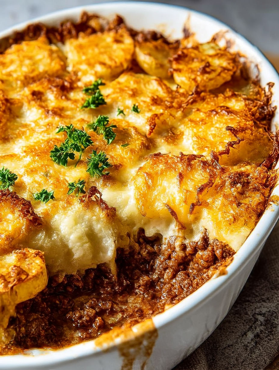 Gros plan sur un gratin rustique avec fromage et pommes de terre.