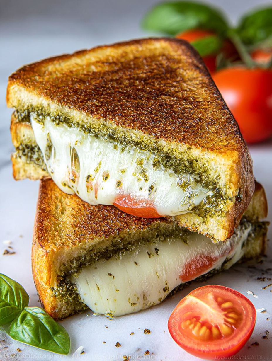 Une tranche de sandwich au fromage avec pesto.