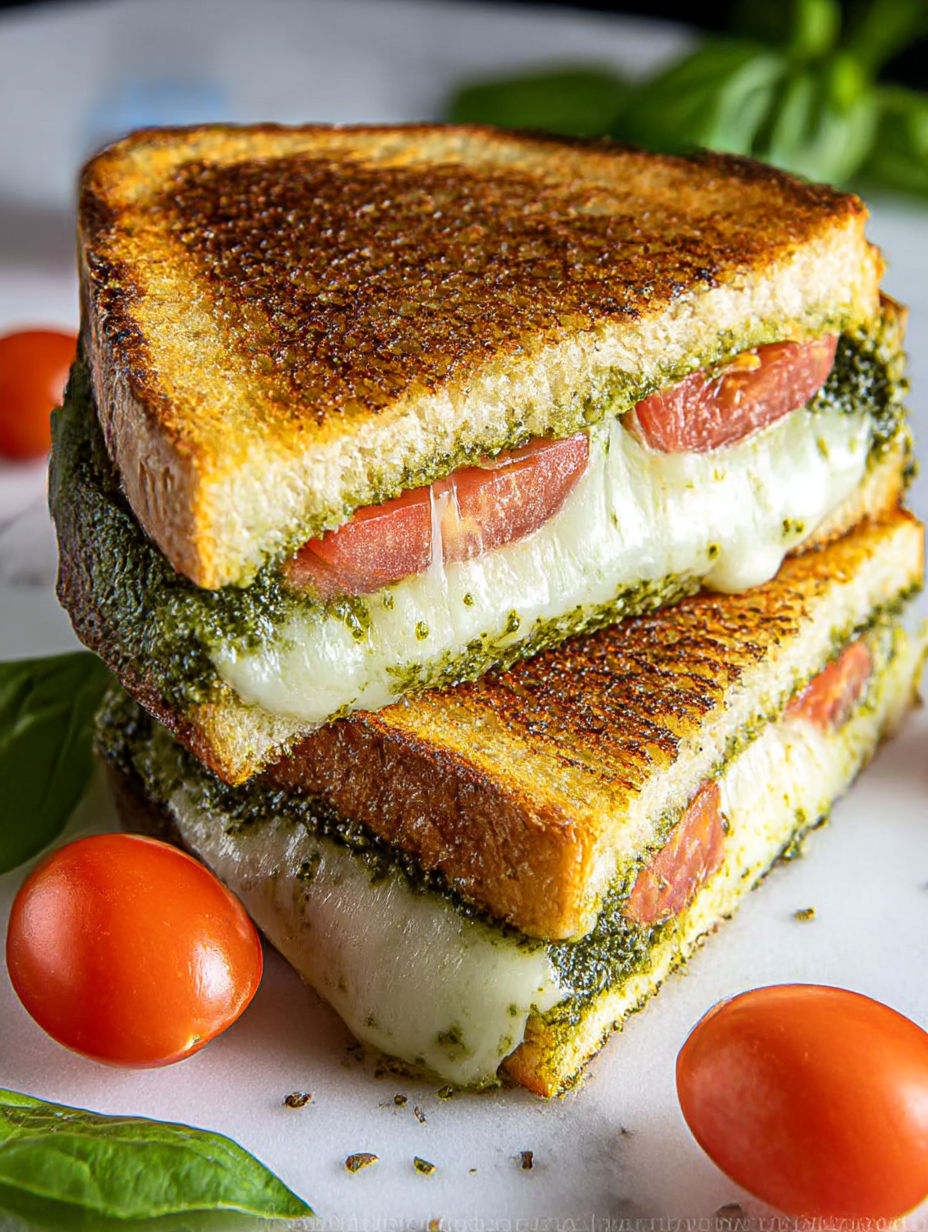 Un tas de sandwichs au fromage avec pesto.