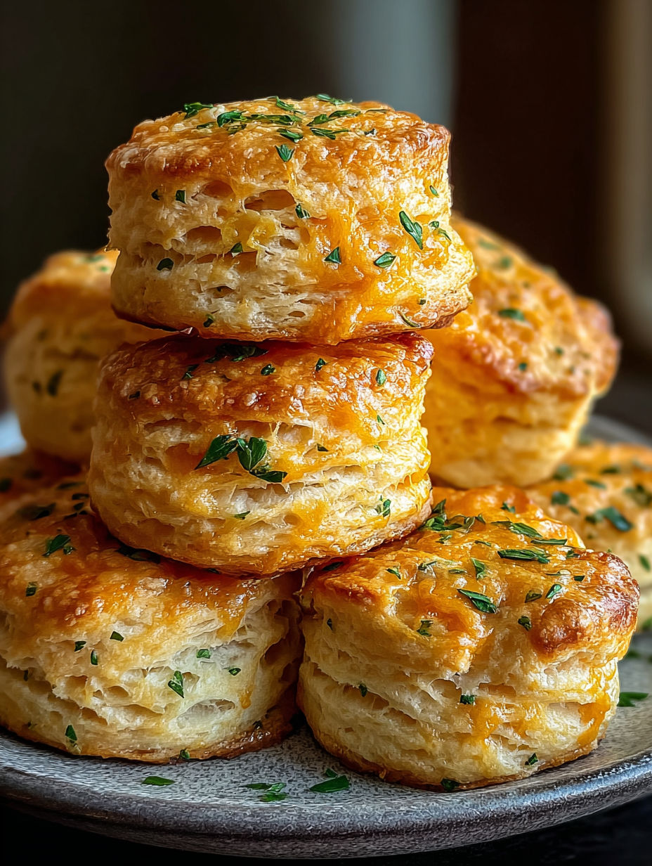 Une pile de biscuits au cheddar et aux herbes.