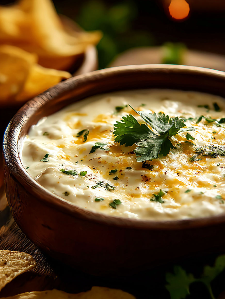 Un bol de dip mexicain au fromage blanc avec coriandre.