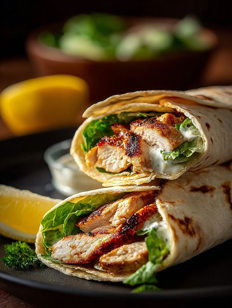 Un wrap au poulet et sauce Caesar présenté avec une bouchée manquante.
