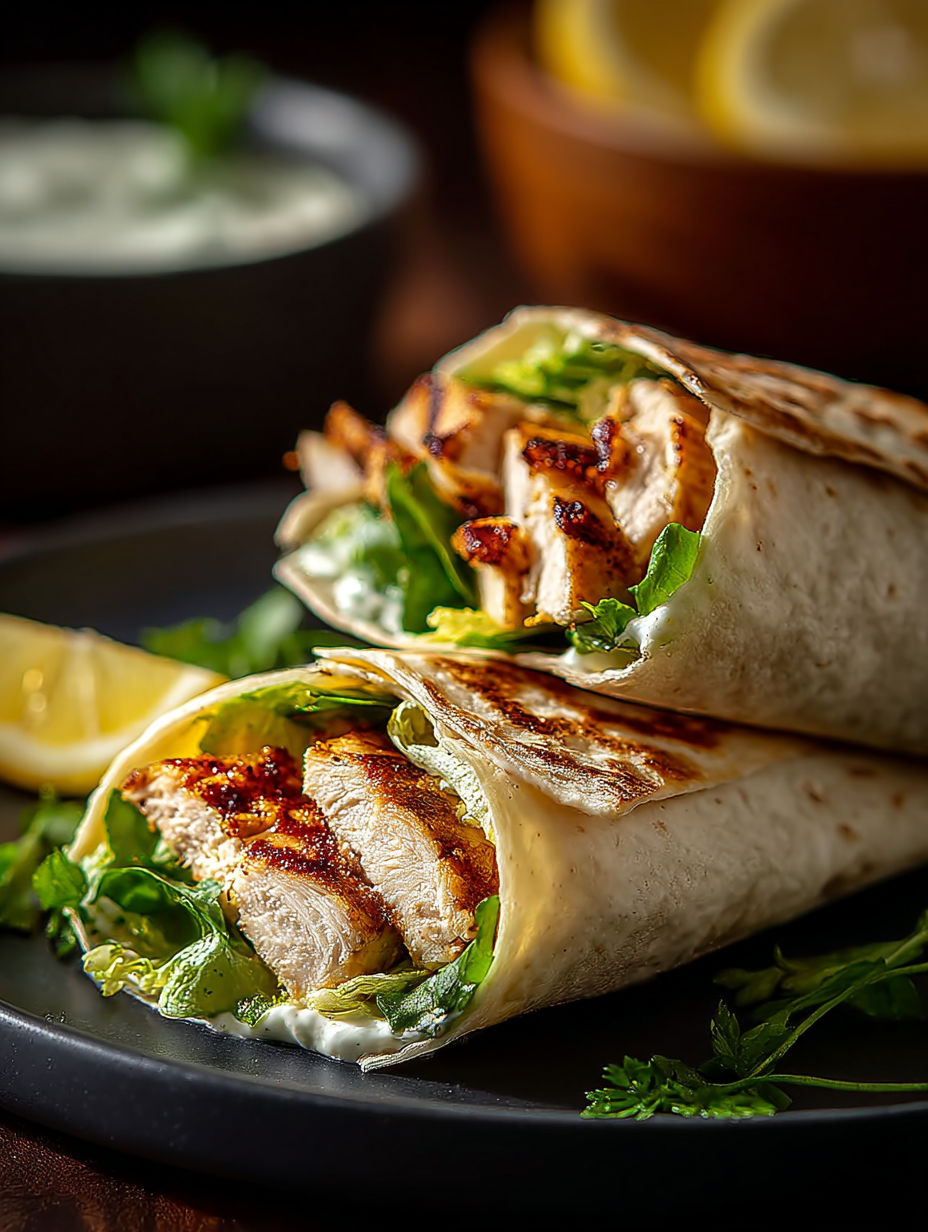 Un délicieux wrap au poulet avec salade et citron.