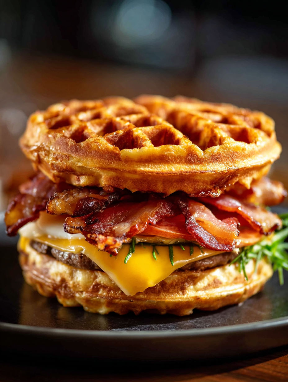 Un burger appétissant avec du bacon et une gaufre dessus.