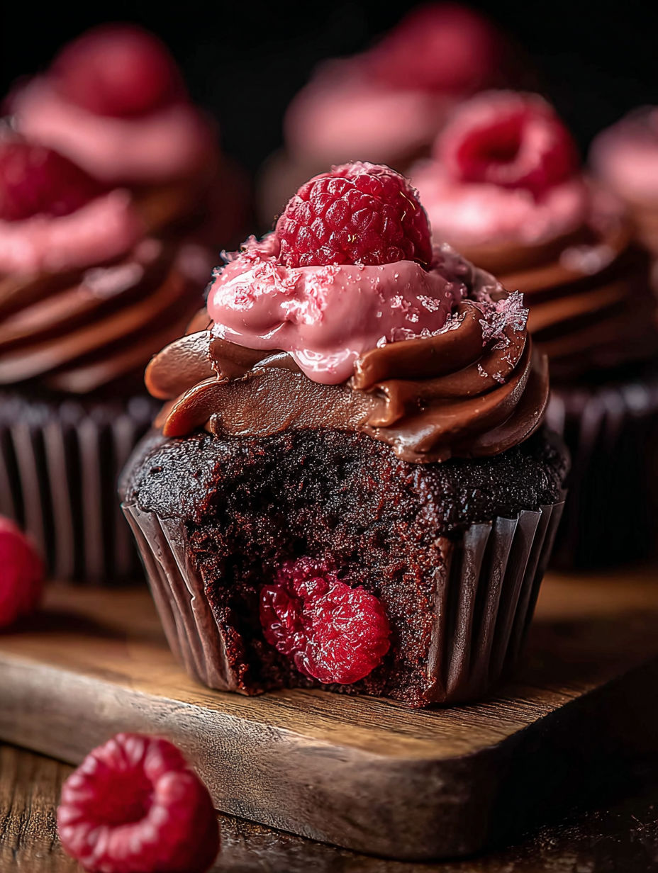 Un cupcake chocolat avec une framboise dessus.
