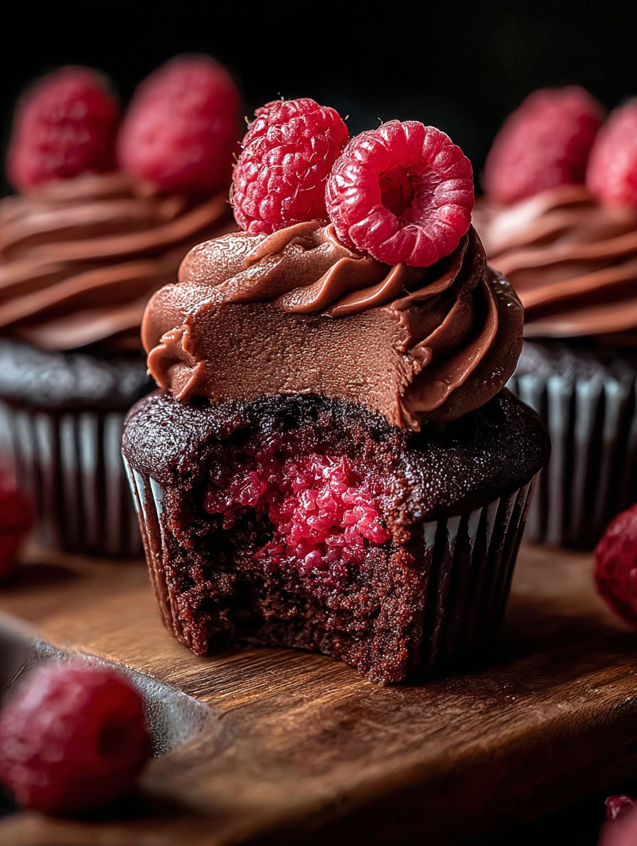 Un cupcake chocolat avec une framboise dessus.