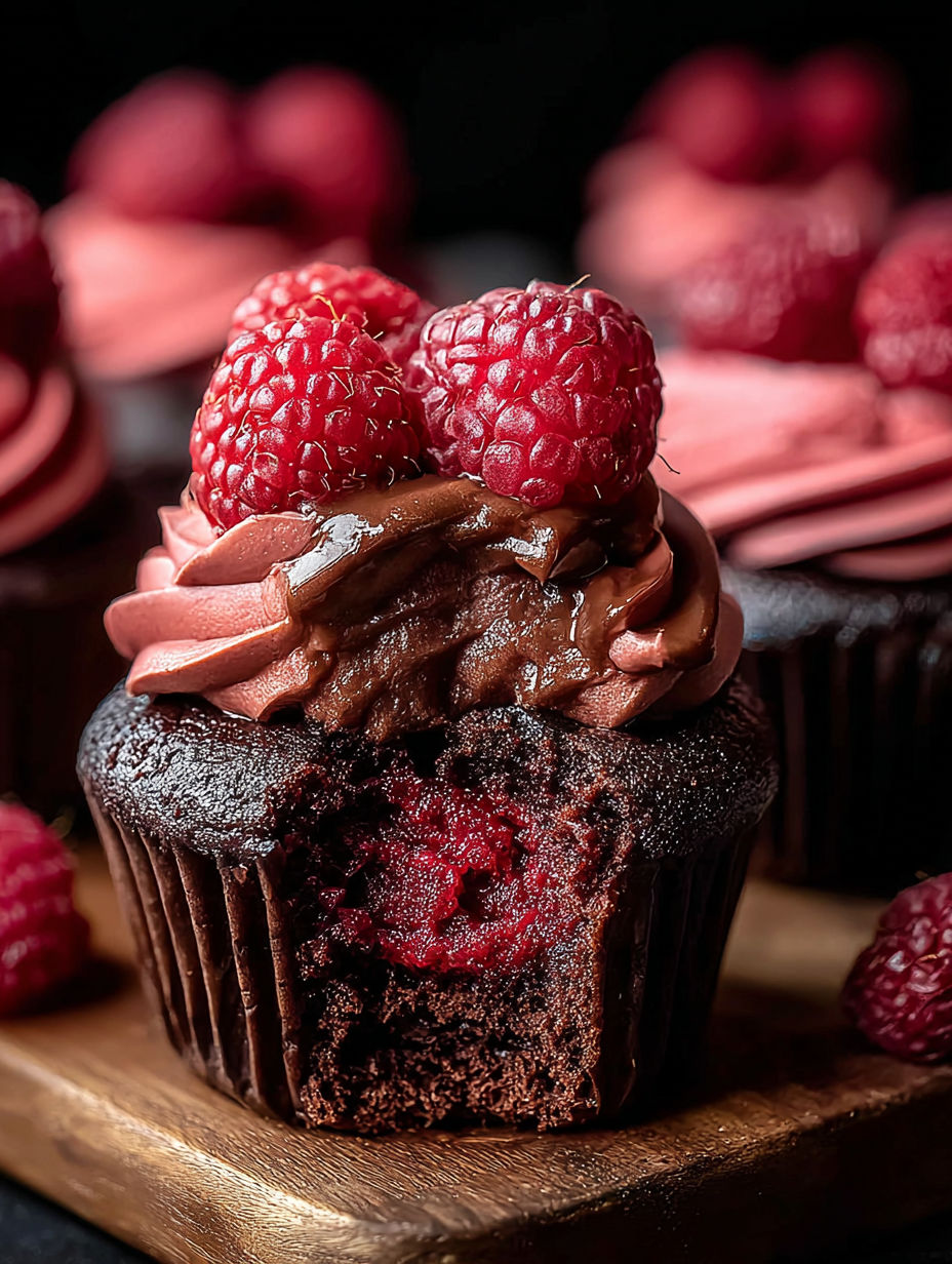 Gros plan sur un cupcake au chocolat avec des framboises dessus.