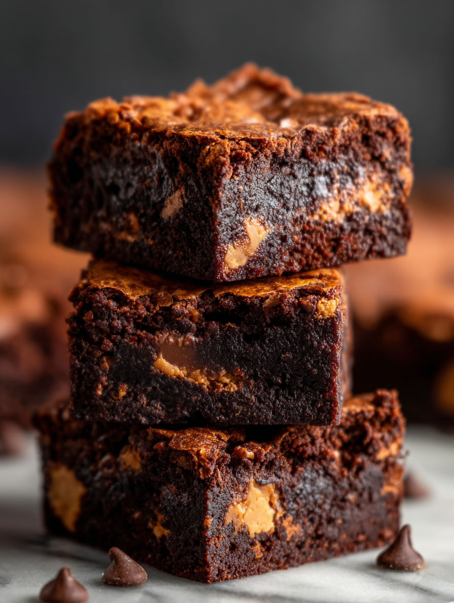 Trois carrés de brownies vegan au beurre de cacahuète et chocolat.