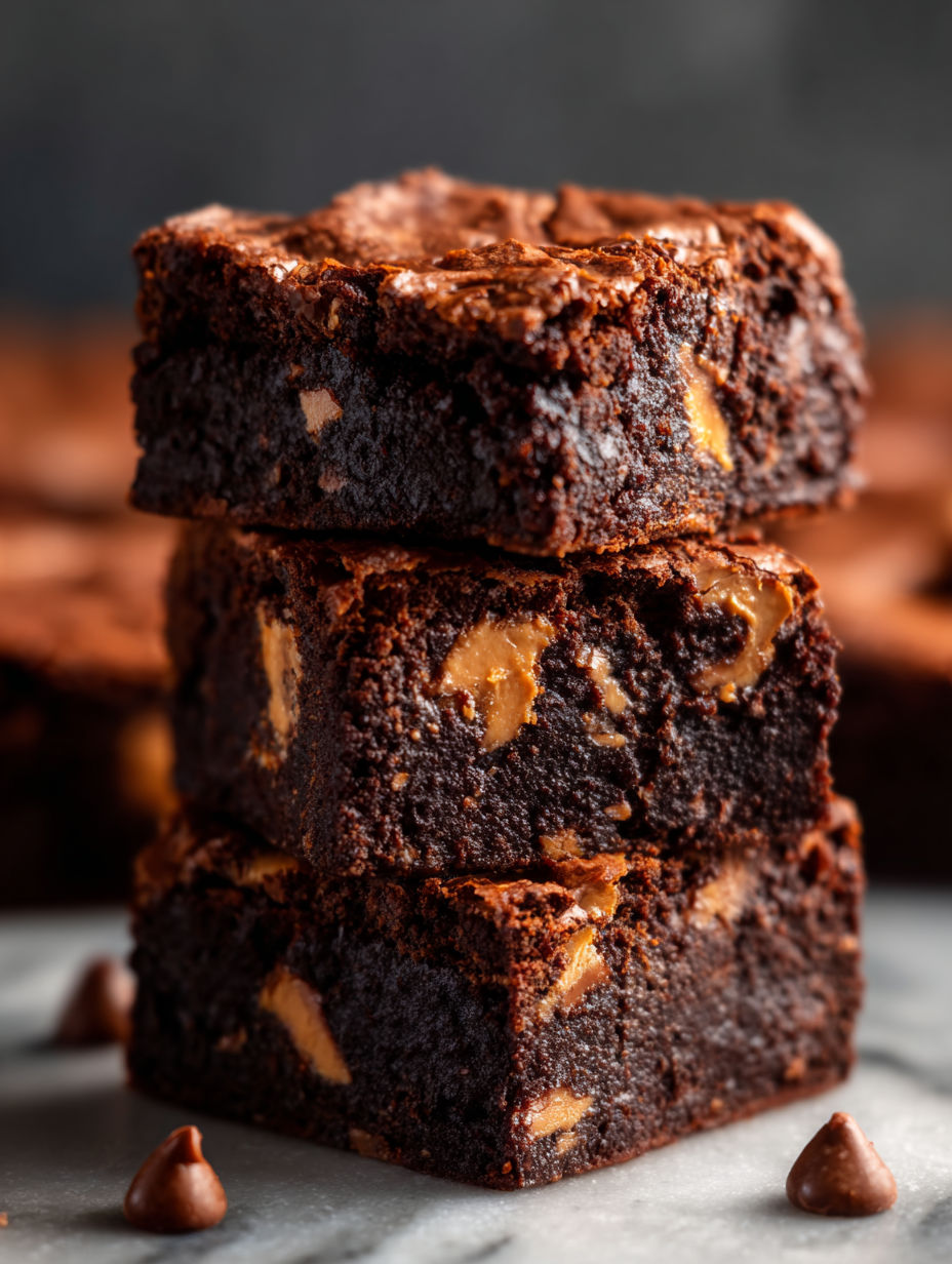 Trois brownies empilés avec chocolat et beurre de cacahuète.
