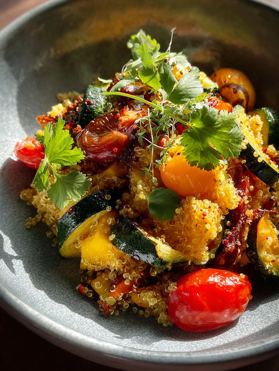 Un bol de légumes avec une garniture verte.