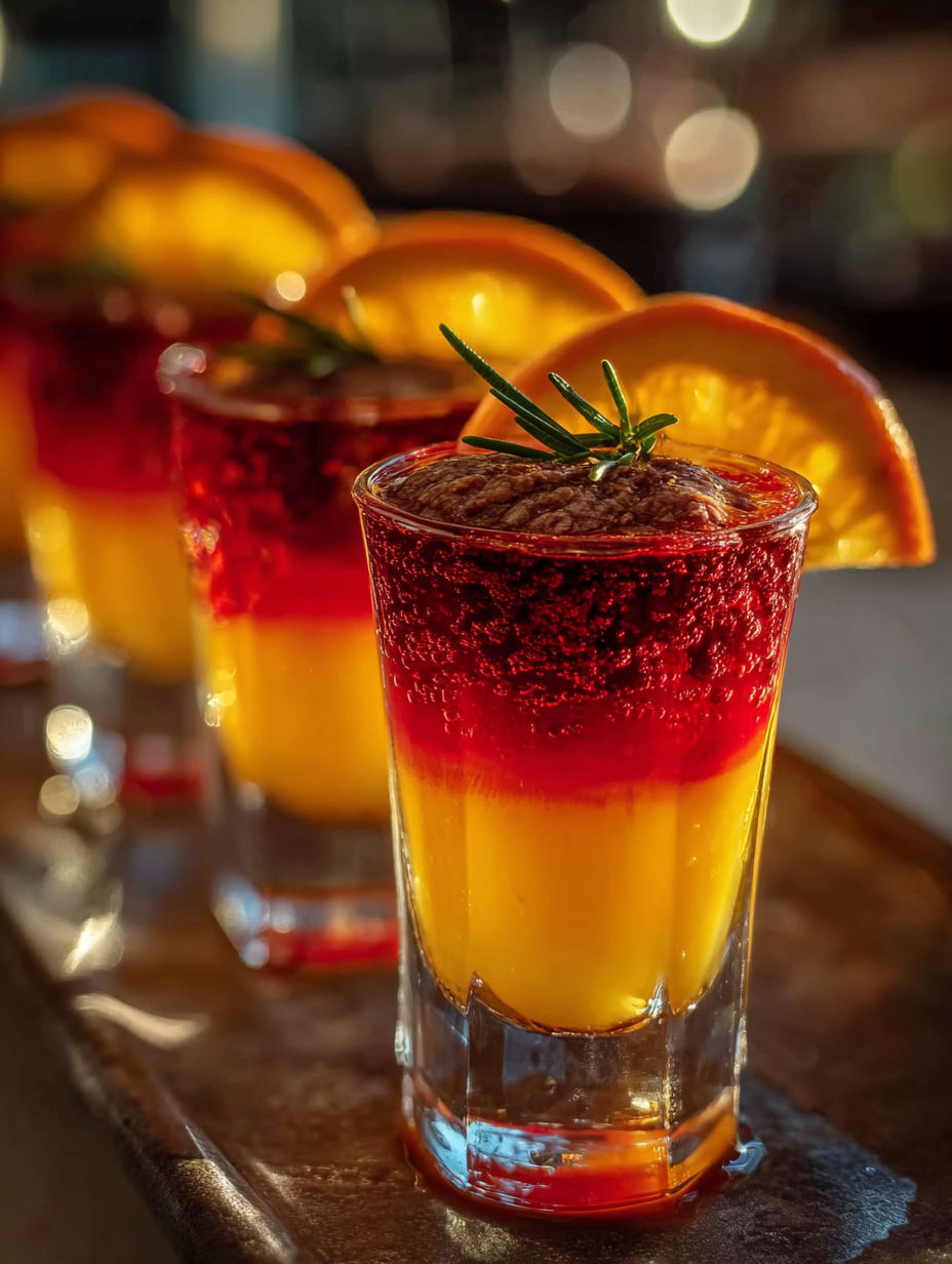 Un verre de liquide rouge et jaune.