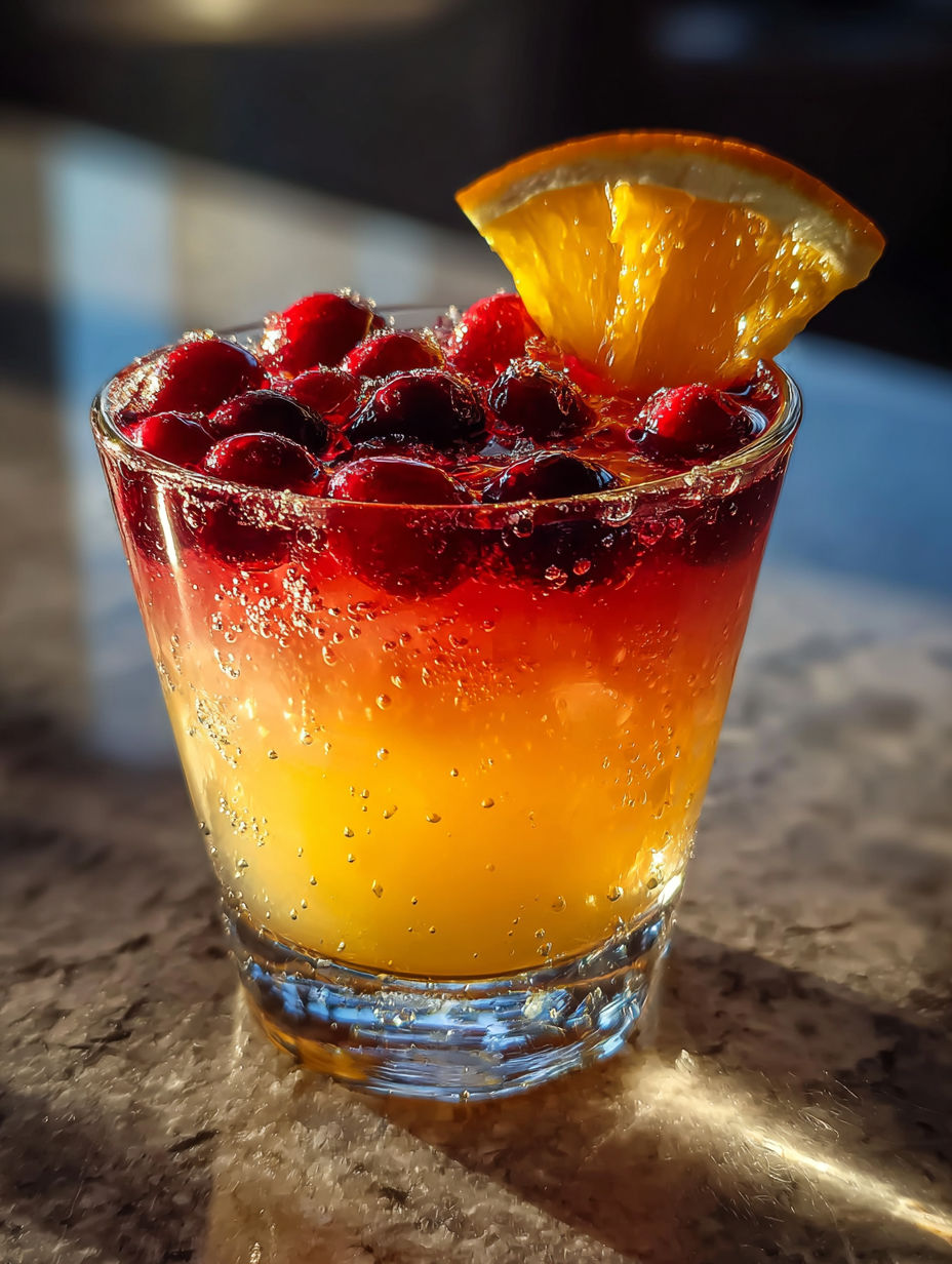 Un verre de vin rouge avec une tranche d'orange dessus.