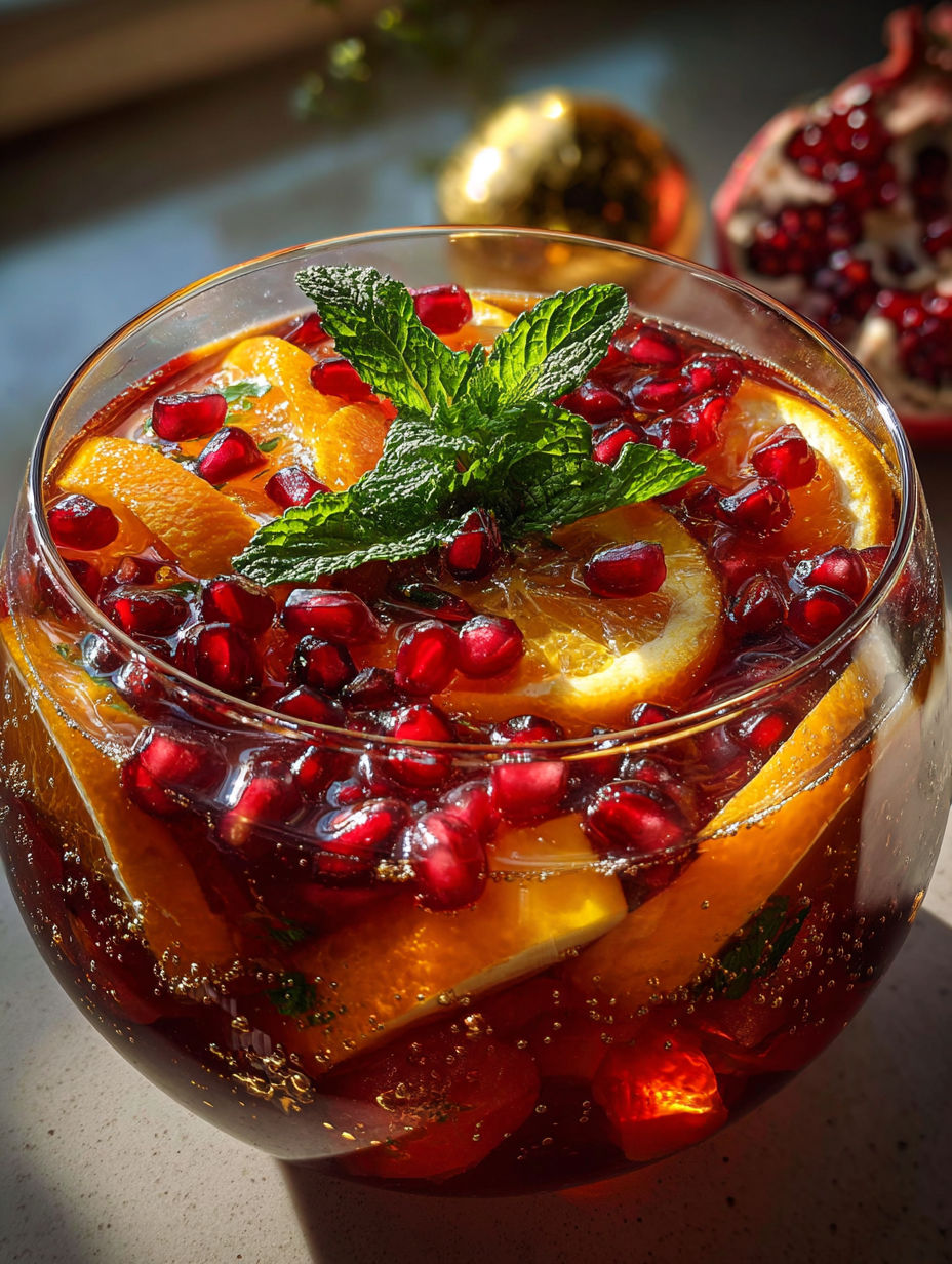 Un verre de punch de Noël sans alcool avec des tranches d’orange et de la menthe.