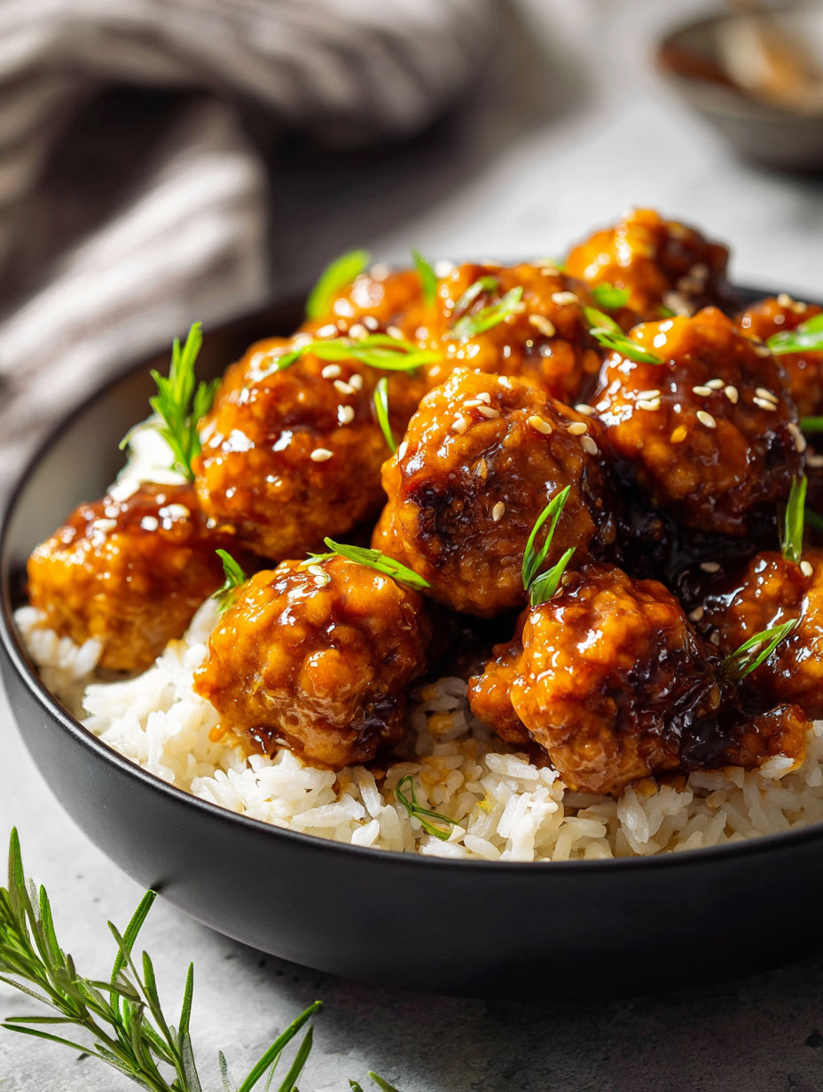 Un bol de boulettes avec du riz.